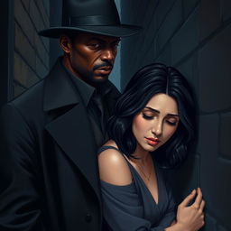 A tall, dark-skinned man dressed in a sleek black overcoat and a stylish hat stands protectively in front of a fair-skinned woman with an angelic face