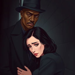 A tall, dark-skinned man dressed in a sleek black overcoat and a stylish hat stands protectively in front of a fair-skinned woman with an angelic face