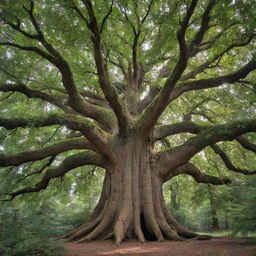 A grand tree, once small, thriving through the prehistoric era and ice age, now towering in the present day with broad leaves and a sturdy trunk, a testament to time's passage