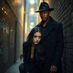 A tall, dark-skinned man in a sleek black overcoat and stylish hat stands protectively in front of a fair-skinned woman with an angelic face