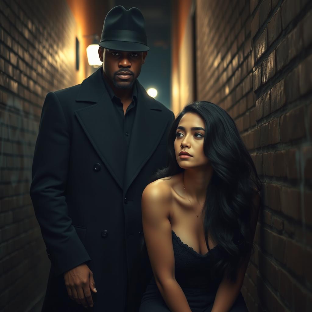 A tall, dark-skinned man in a sleek black overcoat and stylish hat stands protectively in front of a fair-skinned woman with an angelic face