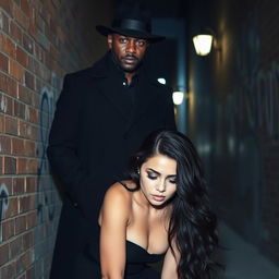 A tall, dark-skinned man in a sleek black overcoat and stylish hat stands protectively in front of a fair-skinned woman with an angelic face
