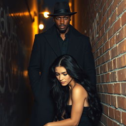 A tall, dark-skinned man in a sleek black overcoat and stylish hat stands protectively in front of a fair-skinned woman with an angelic face