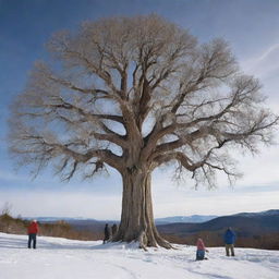 Perplexed scientists surround the grand, time-resistant tree that survived from the prehistoric era through the ice age to the present day, their curiosity evident as they study this unprecedented wonder of nature