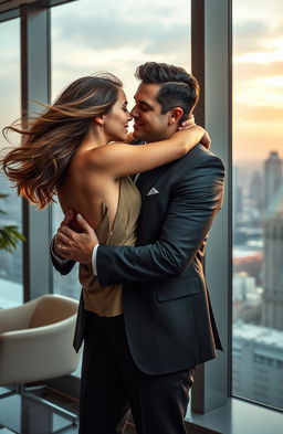 A dramatic and emotional scene depicting a successful, stylish CEO in a modern office, dressed in a sharp suit, passionately embracing a beautiful woman with flowing hair, who represents his childhood love