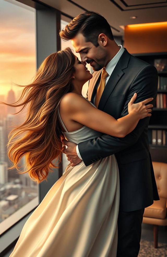 A dramatic and emotional scene depicting a successful, stylish CEO in a modern office, dressed in a sharp suit, passionately embracing a beautiful woman with flowing hair, who represents his childhood love