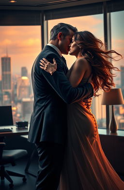 A dramatic and emotional scene depicting a successful, stylish CEO in a modern office, dressed in a sharp suit, passionately embracing a beautiful woman with flowing hair, who represents his childhood love