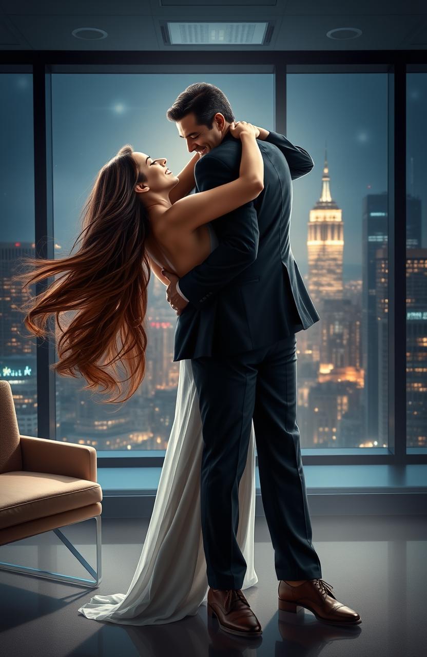 A dramatic and emotional scene depicting a successful, stylish CEO in a modern office, dressed in a sharp suit, passionately embracing a beautiful woman with flowing hair, who represents his childhood love