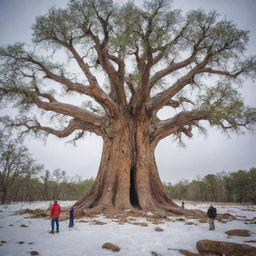 Perplexed scientists surround the grand, time-resistant tree that survived from the prehistoric era through the ice age to the present day, their curiosity evident as they study this unprecedented wonder of nature