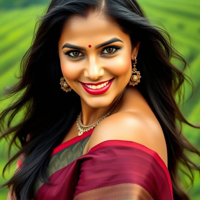 A stunning, sexy South Indian woman in her 40s, exuding confidence and charm