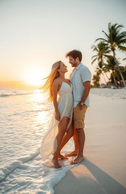 A romantic couple on a beautiful beach, featuring a girl with long flowing blonde hair wearing a flowing white sundress, and a guy with brown straight messy hair dressed in casual beachwear, both standing close together with waves gently lapping at their feet