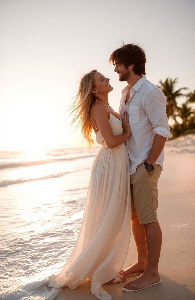 A romantic couple on a beautiful beach, featuring a girl with long flowing blonde hair wearing a flowing white sundress, and a guy with brown straight messy hair dressed in casual beachwear, both standing close together with waves gently lapping at their feet