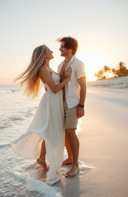A romantic couple on a beautiful beach, featuring a girl with long flowing blonde hair wearing a flowing white sundress, and a guy with brown straight messy hair dressed in casual beachwear, both standing close together with waves gently lapping at their feet