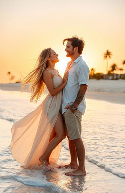 A romantic couple on a beautiful beach, featuring a girl with long flowing blonde hair wearing a flowing white sundress, and a guy with brown straight messy hair dressed in casual beachwear, both standing close together with waves gently lapping at their feet