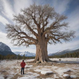 Perplexed scientists surround the grand, time-resistant tree that survived from the prehistoric era through the ice age to the present day, their curiosity evident as they study this unprecedented wonder of nature