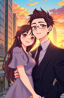 An anime-style illustration featuring a confident CEO and his childhood sweetheart