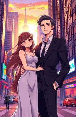 An anime-style illustration featuring a confident CEO and his childhood sweetheart