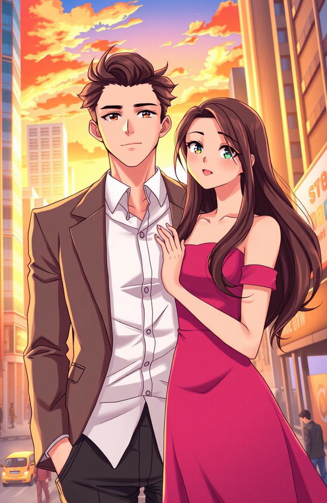 An anime-style illustration featuring a confident CEO and his childhood sweetheart