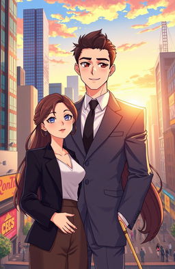 An anime-style illustration featuring a confident CEO and his childhood sweetheart
