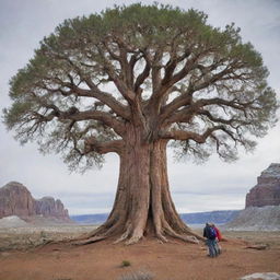 Perplexed scientists surround the grand, time-resistant tree that survived from the prehistoric era through the ice age to the present day, their curiosity evident as they study this unprecedented wonder of nature