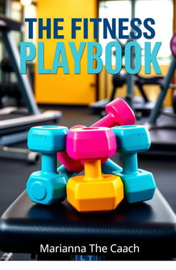 A dynamic gym scene featuring a set of vibrant, colorful dumbbells arranged neatly on a workout bench