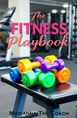 A dynamic gym scene featuring a set of vibrant, colorful dumbbells arranged neatly on a workout bench