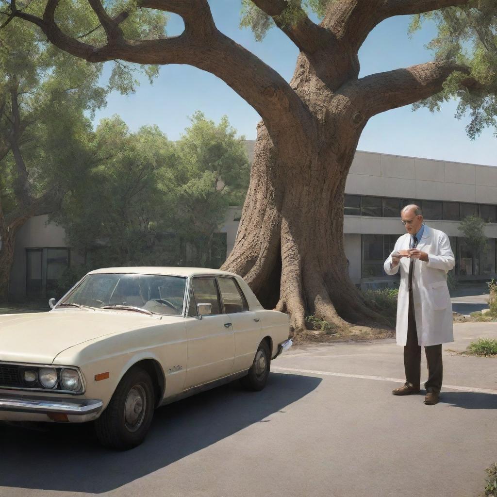 A scene depicting a paleontologist meticulously extracting a DNA sample from the ancient tree, then exiting the scene in a modern car headed towards a bustling laboratory