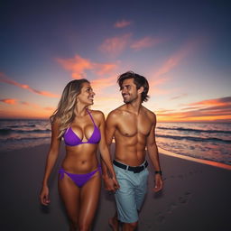 A romantic scene of a couple on the beach at sunset, highlighting a tanned girl with long, wavy blonde hair wearing a stylish purple bikini