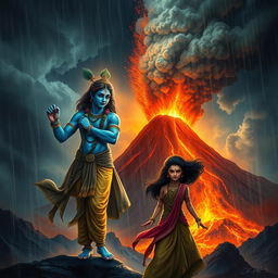 A dramatic and fantastical scene depicting Lord Krishna standing gracefully, with his blue skin glowing in the dim light of a stormy environment
