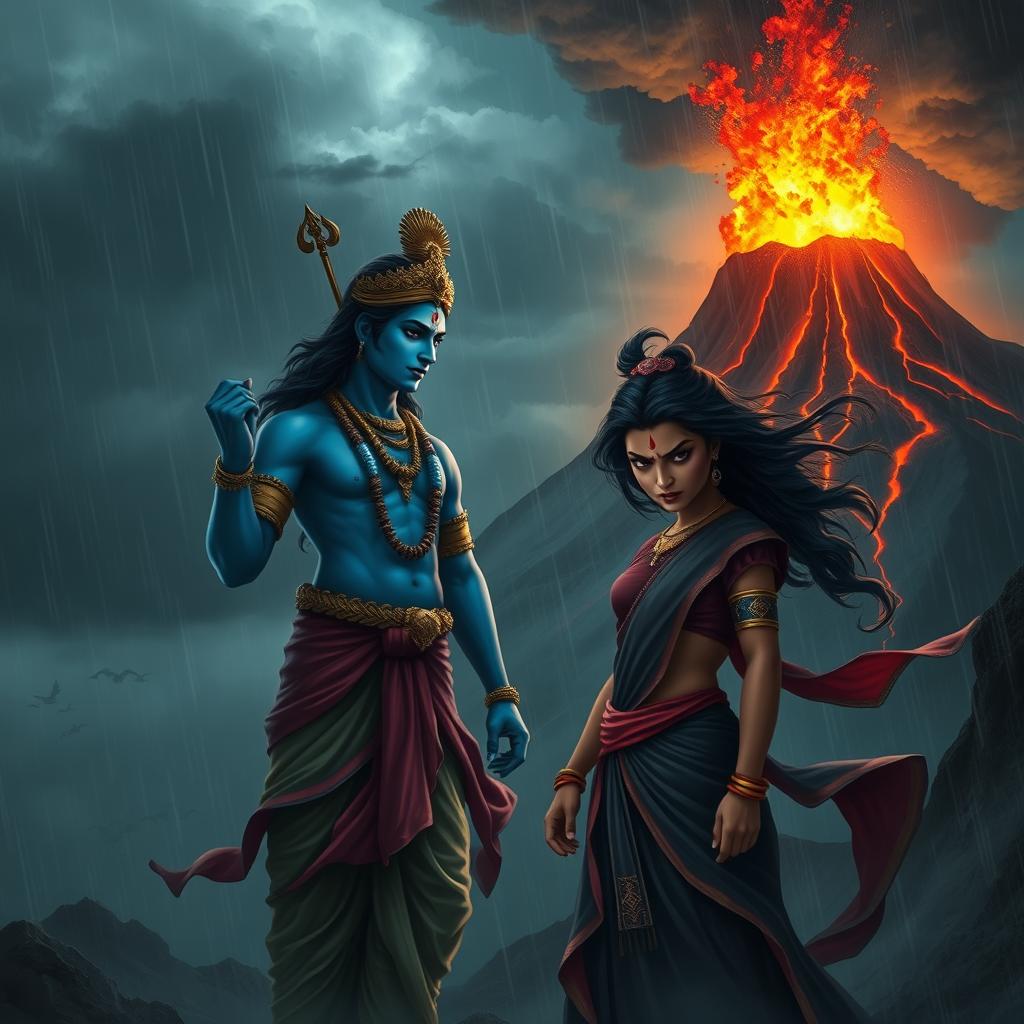 A dramatic and fantastical scene depicting Lord Krishna standing gracefully, with his blue skin glowing in the dim light of a stormy environment