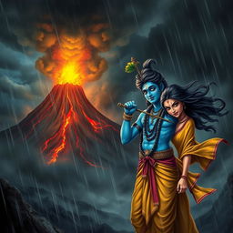 A dramatic and fantastical scene depicting Lord Krishna standing gracefully, with his blue skin glowing in the dim light of a stormy environment