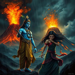 A dramatic and fantastical scene depicting Lord Krishna standing gracefully, with his blue skin glowing in the dim light of a stormy environment