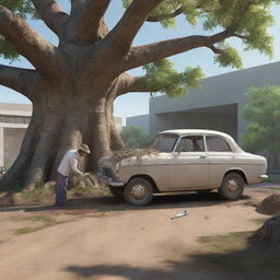 A scene depicting a paleontologist meticulously extracting a DNA sample from the ancient tree, then exiting the scene in a modern car headed towards a bustling laboratory