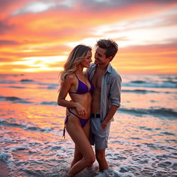 A romantic scene of a couple on the beach at sunset, portraying a tanned young woman with long, wavy blonde hair, wearing a stylish purple bikini