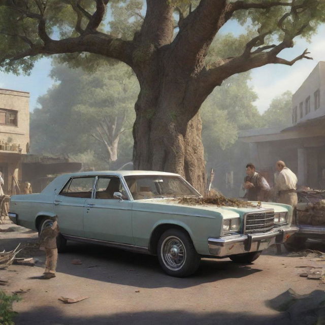 A scene depicting a paleontologist meticulously extracting a DNA sample from the ancient tree, then exiting the scene in a modern car headed towards a bustling laboratory