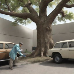 A scene depicting a paleontologist meticulously extracting a DNA sample from the ancient tree, then exiting the scene in a modern car headed towards a bustling laboratory