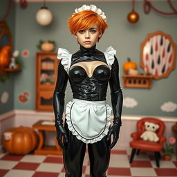 A fantastical scene featuring a boy transforming into a seductive maid, donned in a form-fitting black latex outfit that covers him completely from head to toe, including his face, legs, and torso