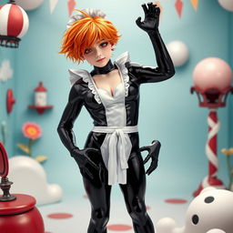 A fantastical scene featuring a boy transforming into a seductive maid, donned in a form-fitting black latex outfit that covers him completely from head to toe, including his face, legs, and torso