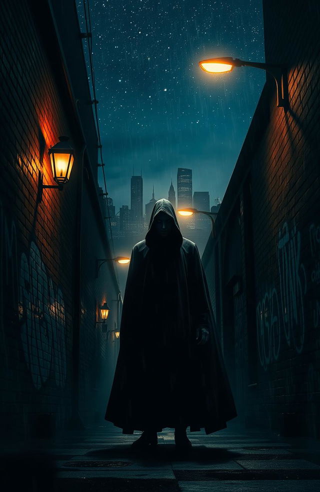 A dramatic scene depicting a figure standing in a dimly lit alley, symbolizing 'shadows of justice'