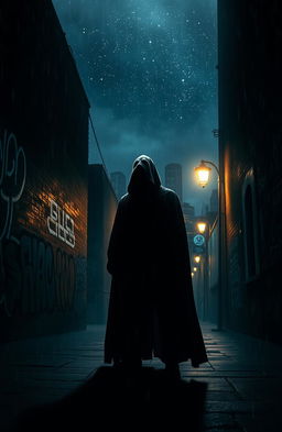 A dramatic scene depicting a figure standing in a dimly lit alley, symbolizing 'shadows of justice'