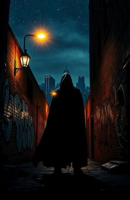 A dramatic scene depicting a figure standing in a dimly lit alley, symbolizing 'shadows of justice'