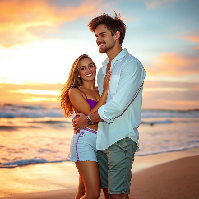 A heartwarming scene of a couple hugging on the beach during sunset