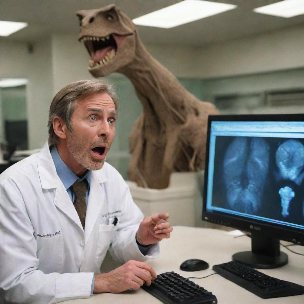 The paleontologist, arriving at a high-tech computer room within the laboratory, expressing shock, their eyes wide and mouth agape as they stare at the screen displaying the DNA results of the ancient tree