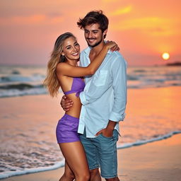 A heartwarming scene of a couple hugging on the beach during sunset