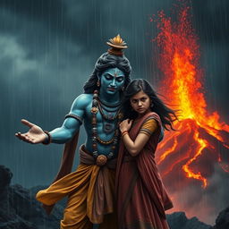 A powerful scene of Lord Krishna gently calming an angry girl, depicting their emotional connection amidst chaos