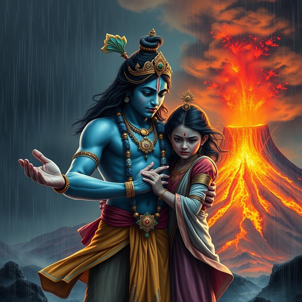 A powerful scene of Lord Krishna gently calming an angry girl, depicting their emotional connection amidst chaos