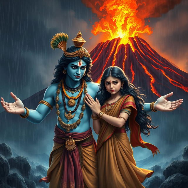 A powerful scene of Lord Krishna gently calming an angry girl, depicting their emotional connection amidst chaos