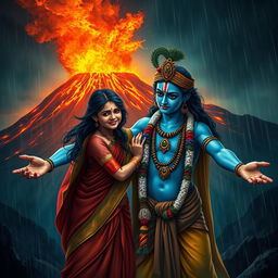 A powerful scene of Lord Krishna gently calming an angry girl, depicting their emotional connection amidst chaos