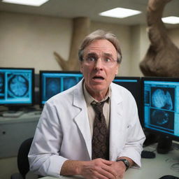 The paleontologist, arriving at a high-tech computer room within the laboratory, expressing shock, their eyes wide and mouth agape as they stare at the screen displaying the DNA results of the ancient tree