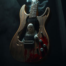 A hauntingly eerie electric guitar, designed with grotesque elements of body horror, where the guitar’s body appears cracked and the wood is intertwined with organic, flesh-like textures
